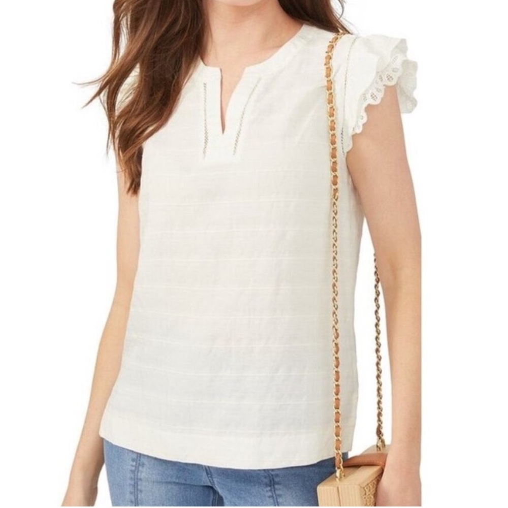 Jessica Mclaughlin Cailin Ecru Eyelet Ruffle Sleeve Linen Blouse Women's Size S